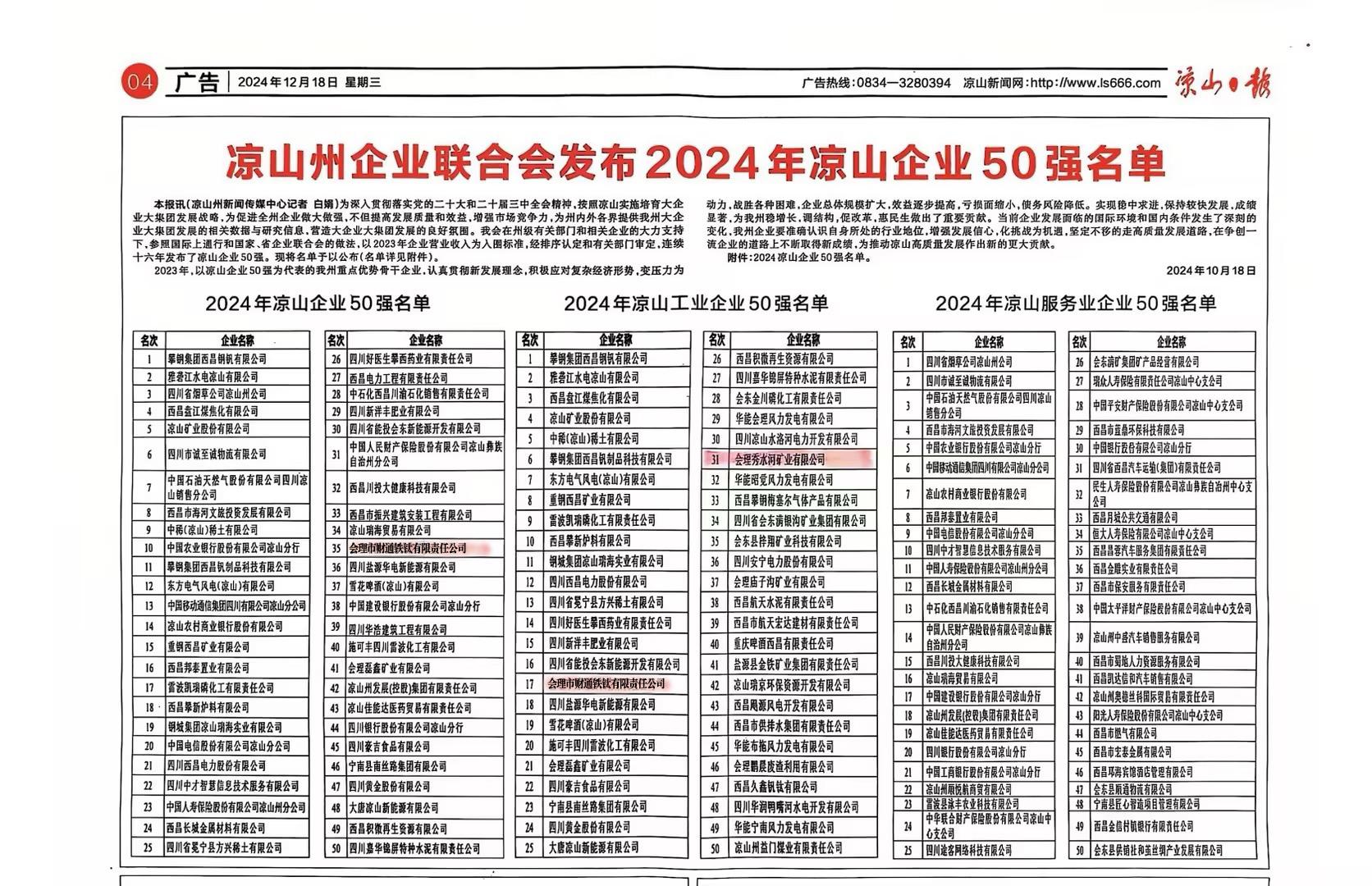 喜報(bào)！聯(lián)鑫礦業(yè)會(huì)理區(qū)域雙星閃耀，共登涼山工業(yè)企業(yè)50強(qiáng)榜單(圖2)